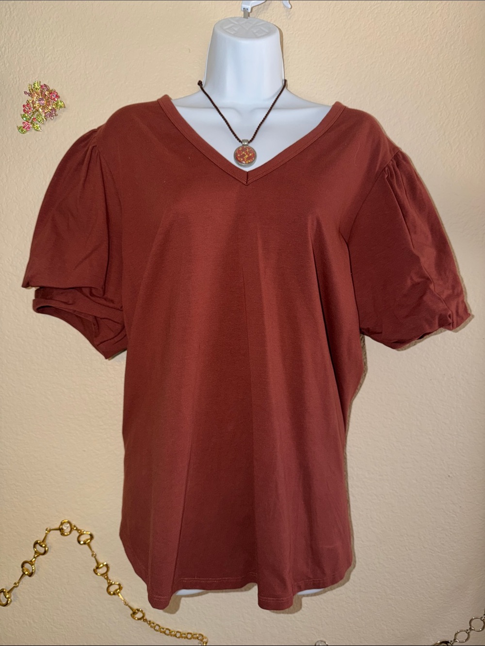 Chico’s Classic V-Neck Puff Sleeve Top Chocolate Brown Blouse 4 20 22 2X